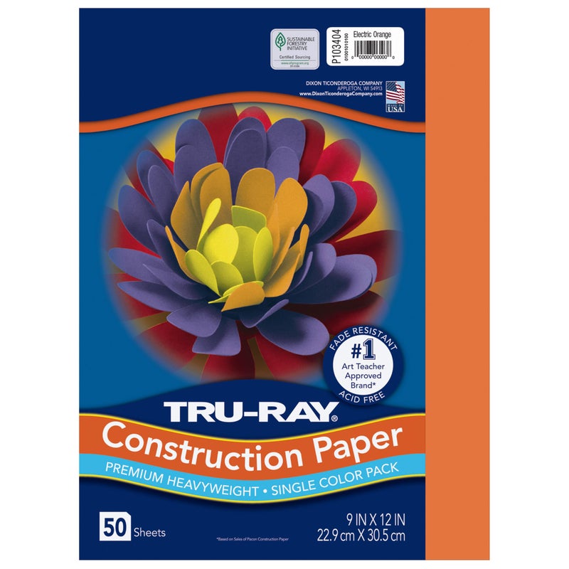 Tru-Ray Heavyweight Construction Paper, Electric Orange, 9" x 12", 50 Sheets - Image 1
